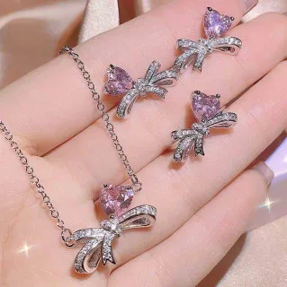 Zircon Bow Knot Pink Heart Necklace Set (4 pcs)